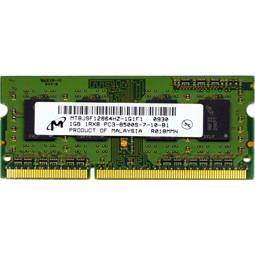 رم لپ تاپ DDR3 تک کاناله 1066 مگاهرتز CL7 میکرون مدل PC3-8500s ظرفیت 1 گیگابایت رم لپ تاپ DDR3 تک کاناله 1066 مگاهرتز CL7 میکرون مدل PC3-8500s ظرفیت 1 گیگابایت